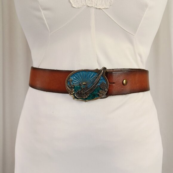 80s Vintage Sailboat Buckle + Genuine Leather Belt, 33 - 37" - Picture 2 of 8